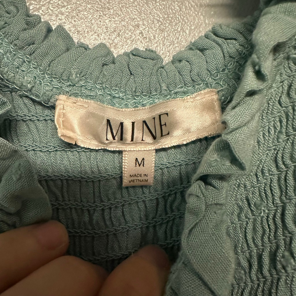 Women's MINE Green Smocked Tiered Mini Dress with Bow Size medium babydoll fairy - Picture 2 of 9